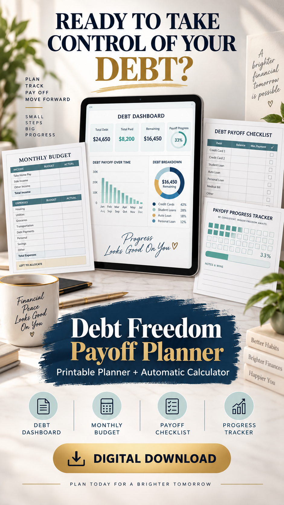 Debt Freedom Payoff Planner-Printable PDF + Automatic Calculator